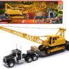 Kenworth W900 Truck with Lowboy Trailer Black and Crane Yellow “Long Haul Trucker” Series 1/32 Diecast Model by New Ray