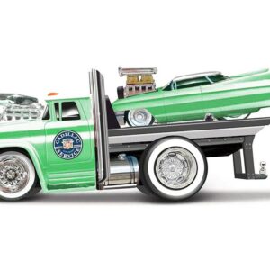 1966 Chevrolet C60 Flatbed Truck Green Metallic with White Top “Cadillac Service” and 1961 Cadillac Coupe Green Metallic with White Top “Muscle Transports” Series 1/64 Diecast Models by Muscle Machines