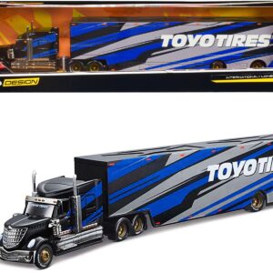 International LoneStar Enclosed Car Transporter “Toyo Tires” Black with Blue and Gray Stripes “Custom Haulers” Series 1/64 Diecast Model by Maisto