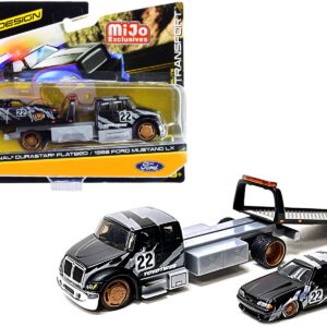 International DuraStar Flatbed Truck #22 and 1988 Ford Mustang LX #22 Matt Black with Gray Graphics “Toyo Tires” “Elite Transport” Series 1/64 Diecast Models by Maisto