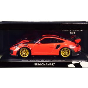 2018 Porsche 911 GT2RS (991.2) Weissach Package Orange with Carbon Stripes and Golden Magnesium Wheels Limited Edition to 300 pieces Worldwide 1/18 Diecast Model Car by Minichamps