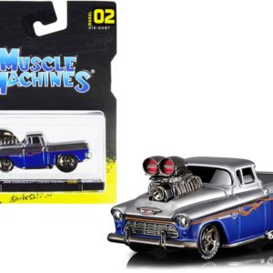 1955 Chevrolet Cameo Pickup Truck Gray and Blue Metallic with Flames 1/64 Diecast Model Car by Muscle Machines