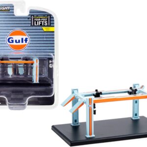 Adjustable Four-Post Lift “Gulf Oil” Light Blue and Orange “Four-Post Lifts” Series 1 1/64 Diecast Model by Greenlight