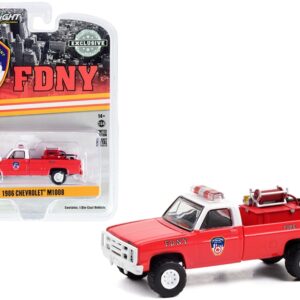 1986 Chevrolet M1008 Pickup Truck Red with White Top with Fire Equipment and Hose and Tank “Fire Department City of New York” (FDNY) “Hobby Exclusive” 1/64 Diecast Model Car by Greenlight