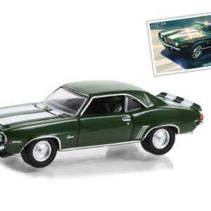 1969 Chevrolet Camaro Z/28 Green Metallic with White Stripes USPS (United States Postal Service) “2022 Pony Car Stamp Collection by Artist Tom Fritz” “Hobby Exclusive” Series 1/64 Diecast Model Car by Greenlight