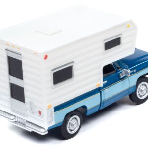 1977 Chevrolet Fleetside Pickup Truck with Camper Blue Metallic and Light Blue “Mini Metals” Series 1/87 (HO) Scale Model Car by Classic Metal Works