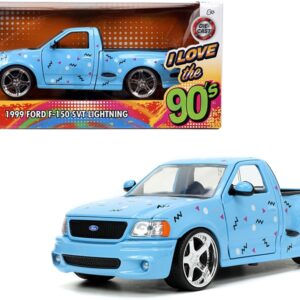 1999 Ford F-150 SVT Lightning Pickup Truck Light Blue with Graphics “I Love the 1990’s” Series 1/24 Diecast Model Car by Jada