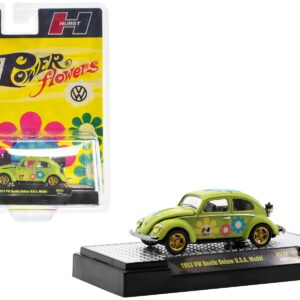 1953 Volkswagen Beetle Deluxe U.S.A. Model Lime Green Metallic with Graphics “Hurst Power Flowers” Limited Edition to 7150 pieces Worldwide 1/64 Diecast Model Car by M2 Machines