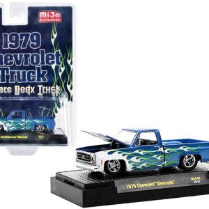 1979 Chevrolet Silverado Pickup Truck Blue with White Flames Limited Edition to 6600 pieces Worldwide 1/64 Diecast Model Car by M2 Machines