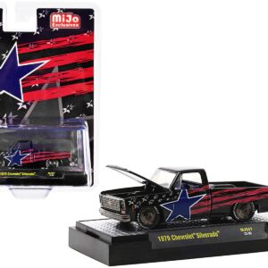 1979 Chevrolet Silverado Pickup Truck Black with Stars and Stripes Graphics Limited Edition to 6000 pieces Worldwide 1/64 Diecast Model Car by M2 Machines