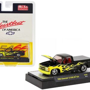 1993 Chevrolet C1500 SS 454 Pickup Truck Black with Yellow Flames and Red Interior “The Heartbeat of America” Limited Edition to 5500 pieces Worldwide 1/64 Diecast Model Car by M2 Machines