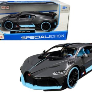 Bugatti Divo Satin Charcoal Gray with Carbon and Blue Accents “Special Edition” 1/24 Diecast Model Car by Maisto