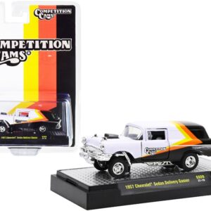 1957 Chevrolet Sedan Delivery Gasser “Competition Cams” White and Black with Yellow and Orange Stripes Limited Edition to 7480 pieces Worldwide 1/64 Diecast Model Car by M2 Machines