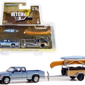 1988 GMC S-15 Sierra Pickup Truck Blue Metallic and White with Stripes and Canoe Trailer and Canoe Rack with Canoe and Kayak “Hitch & Tow” Series 25 1/64 Diecast Model Car by Greenlight