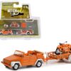 1973 Volkswagen Thing (Type 181) Convertible Orange and 1920 Indian Scout Motorcycle Orange with Utility Trailer “Hitch & Tow” Series 26 1/64 Diecast Model Car by Greenlight