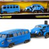 Volkswagen Van Samba with Volkswagen Beetle and Flatbed Trailer Blue “Kool Kafers” Set of 3 pieces “Elite Transport” Series 1/24 Diecast Model Cars by Maisto