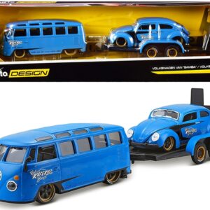 Volkswagen Van Samba with Volkswagen Beetle and Flatbed Trailer Blue “Kool Kafers” Set of 3 pieces “Elite Transport” Series 1/24 Diecast Model Cars by Maisto