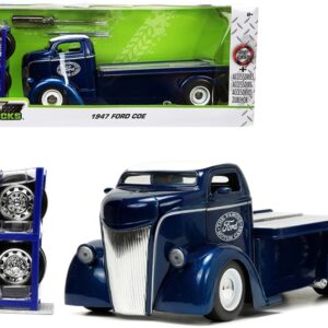 1947 Ford COE Flatbed Truck Dark Blue Metallic with White Top “The Famous Motor Cars” with Extra Wheels “Just Trucks” Series 1/24 Diecast Model by Jada