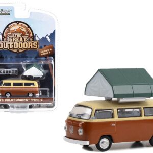 1978 Volkswagen Type 2 (T2B) Van Panama Brown and Dakota Beige with White Interior and Camp’otel Cartop Sleeper Tent “The Great Outdoors” Series 3 1/64 Diecast Model Car by Greenlight