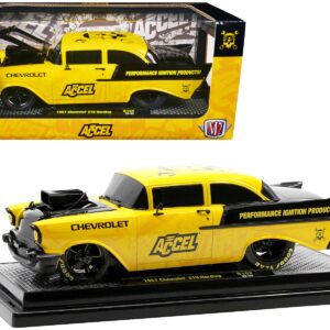 1957 Chevrolet 210 Hardtop Yellow and Black with Graphics “Accel” Limited Edition to 2650 pieces Worldwide 1/24 Diecast Model Car by M2 Machines