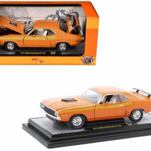 1970 Dodge Challenger R/T 440 Orange with Yellow Stripes and White Interior Limited Edition to 5250 pieces Worldwide 1/24 Diecast Model Car by M2 Machines