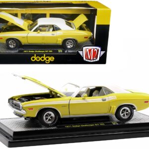 1971 Dodge Challenger R/T 383 Banana Yellow with White Stripes and Vinyl White Top Limited Edition to 6550 pieces Worldwide 1/24 Diecast Model Car by M2 Machines