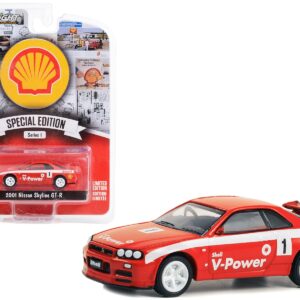 2001 Nissan Skyline GT-R (R34) #1 Red with White Stripes “Shell Racing” “Shell Oil Special Edition” Series 1 1/64 Diecast Model Car by Greenlight