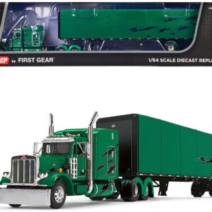 Peterbilt 359 with 63″ Mid-Roof Sleeper and Utility Roll Tarp Trailer Green Metallic with Black Graphics 1/64 Diecast Model by DCP/First Gear