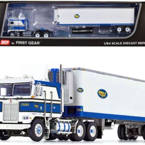 Kenworth K100 COE Flat Top with Vintage Air Foil and 40′ Vintage Refrigerated Trailer Blue and White “Shaffer Trucking” 1/64 Diecast Model by DCP/First Gear