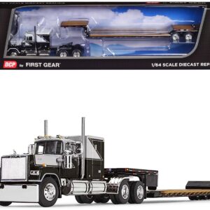 Mack Super-Liner with 60″ Flat Top Sleeper &  Fontaine Renegade LXT40 Lowboy Trailer with Flip Axle Black and Gray 1/64 Diecast Model by DCP/First Gear