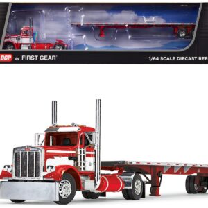 Peterbilt 359 Day Cab and 48′ Utility Flatbed Trailer Red and White 1/64 Diecast Model by DCP/First Gear