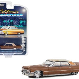 1973 Cadillac Sedan DeVille Dark Brown Metallic with Light Brown Pinstripes and White Top “California Lowriders” Series 4 1/64 Diecast Model Car by Greenlight