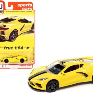 2020 Chevrolet Corvette C8 Stingray Accelerate Yellow with Twin Black Stripes “Sports Cars” Limited Edition to 15702 pieces Worldwide 1/64 Diecast Model Car by Auto World