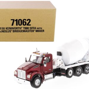 Kenworth T880 SFFA with McNeilus Bridgemaster Mixer Truck Radiant Red and White 1/50 Diecast Model by Diecast Masters