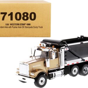 Western Star 4900 SFFA Tandem with Pusher Axle OX Stampede Dump Truck Gold and Black “Transport Series” 1/50 Diecast Model by Diecast Masters