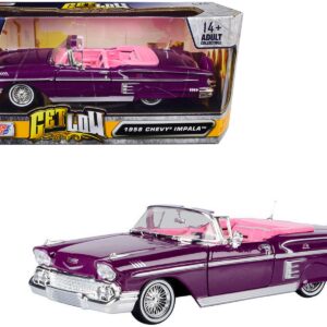 1958 Chevrolet Impala Convertible Lowrider Purple Metallic with Pink Interior “Get Low” Series 1/24 Diecast Model Car by Motormax