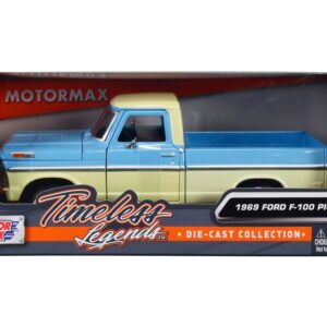 1969 Ford F-100 Pickup Truck Light Blue and Cream “Timeless Legends” Series 1/24 Diecast Model Car by Motormax