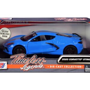 2020 Chevrolet Corvette C8 Stingray Blue with Silver Racing Stripes “Timeless Legends” 1/24 Diecast Model Car by Motormax