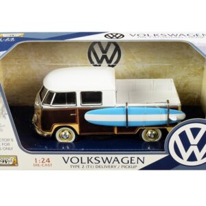 Volkswagen Type 2 (T1) Pickup White and Yellow with Wood Paneling with Surfboard 1/24 Diecast Model Car by Motormax