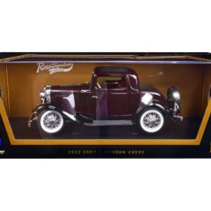 1932 Ford 3-Window Coupe Burgundy with Black Top 1/18 Diecast Model Car by Road Signature