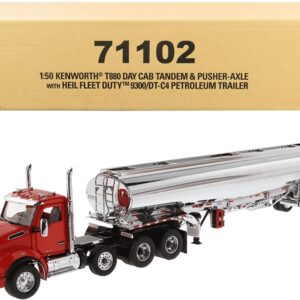 Kenworth T880 Day Cab Tandem Truck with Pusher-Axle and Heil Fleet Duty 9300/DT-C4 Petroleum Tanker Trailer Red and Chrome “Transport Series” 1/50 Diecast Model by Diecast Masters