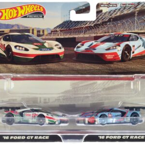 2016 Ford GT Race #67 White with Green and Red Stripes and 2016 Ford GT Race #69 Light Blue Metallic with Orange Stripes “Car Culture” Set of 2 Cars Diecast Model Cars by Hot Wheels