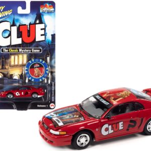 2000 Ford Mustang “Miss Scarlet” Red with Graphics with Poker Chip (Collector Token) “Modern Clue” “Pop Culture” 2022 Release 1 1/64 Diecast Model Car by Johnny Lightning