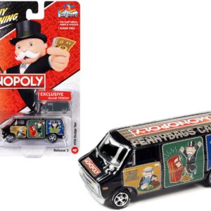 1976 Dodge Van Black “Pennybags Casino – Monopoly” with Dodge Van Monopoly Game Token “Pop Culture” 2022 Release 3 1/64 Diecast Model Car by Johnny Lightning