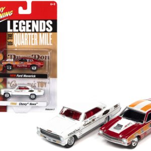 1970 Ford Maverick Red Orange and White “Dyno” Don Nicholson and 1966 Chevrolet Nova White Bill “Grumpy” Jenkins “Legends of the Quarter Mile” Series Set of 2 Cars 1/64 Diecast Model Cars by Johnny Lightning