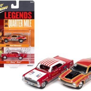 1970 Ford Maverick Red Orange and Black “Dyno” Don Nicholson and 1966 Chevrolet Nova Red and White Bill “Grumpy” Jenkins “Legends of the Quarter Mile” Series Set of 2 Cars 1/64 Diecast Model Cars by Johnny Lightning