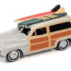 1950 Mercury Woody Wagon Dakota Gray with Wood Panels & Surfboards on Roof & 1959 Cadillac Ambulance Dull Red w/ Surfboards on Roof Cocoa Beach Rescue Patrol Surf Rods “Set of 2” Cars 2-Packs 2023 Release 2 1/64 Diecast Model Cars by Johnny Lightning