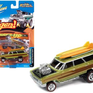 1964 Ford Country Squire Surfin’ Lime Metallic with Woodgrain Panels and Surfboard on Roof “Zingers!” Limited Edition to 4788 pieces Worldwide “Street Freaks” Series 1/64 Diecast Model Car by Johnny Lightning