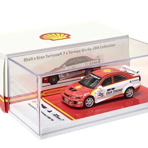 1998 Mitsubishi Lancer Evolution V GSR RHD (Right Hand Drive) Red and White with Yellow Stripes “Shell x Gran Turismo 7” Special Edition 1/64 Diecast Model Car by Tarmac Works