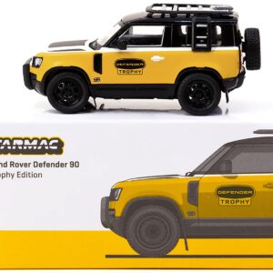 Land Rover Defender 90 “Trophy Edition” Yellow and White with Black Top and Roof Rack “Global64” Series 1/64 Diecast Model by Tarmac Works